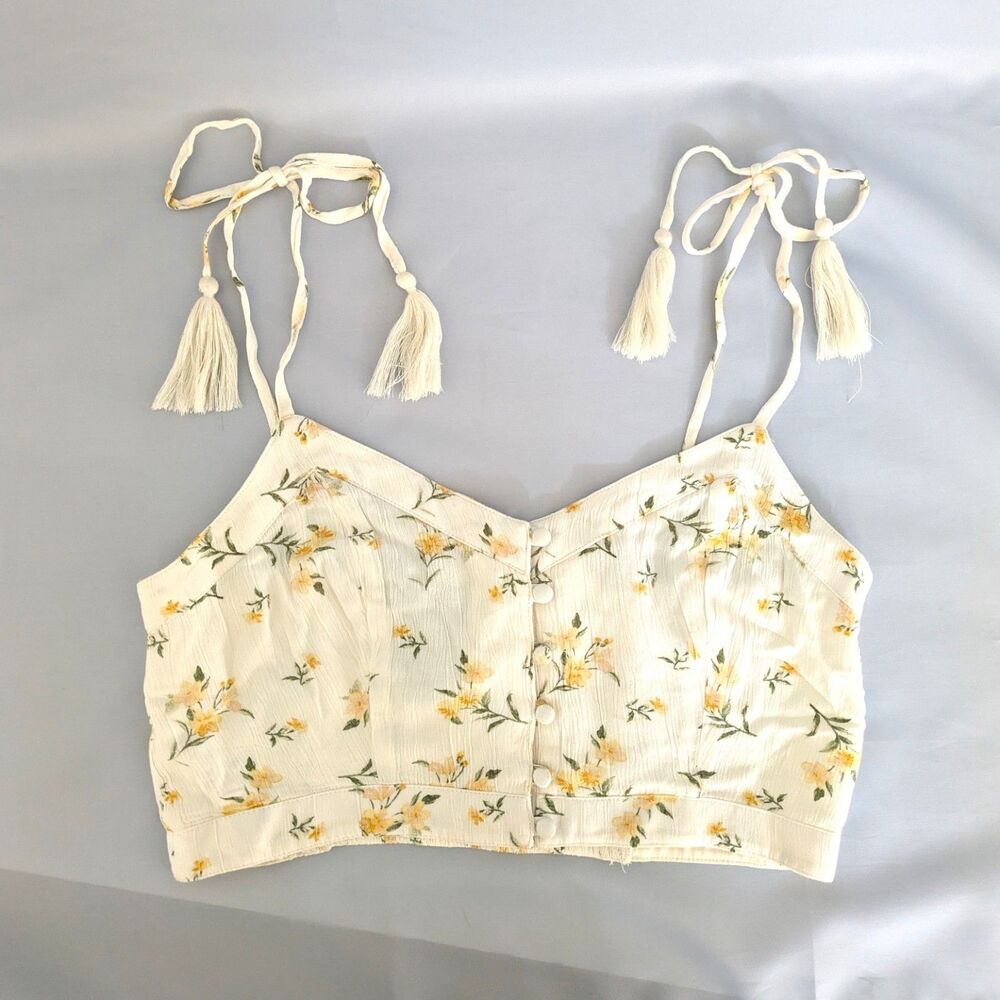 American Eagle Floral Crop Top Size S Tassel Tie Strap Button Front Camisole NWT